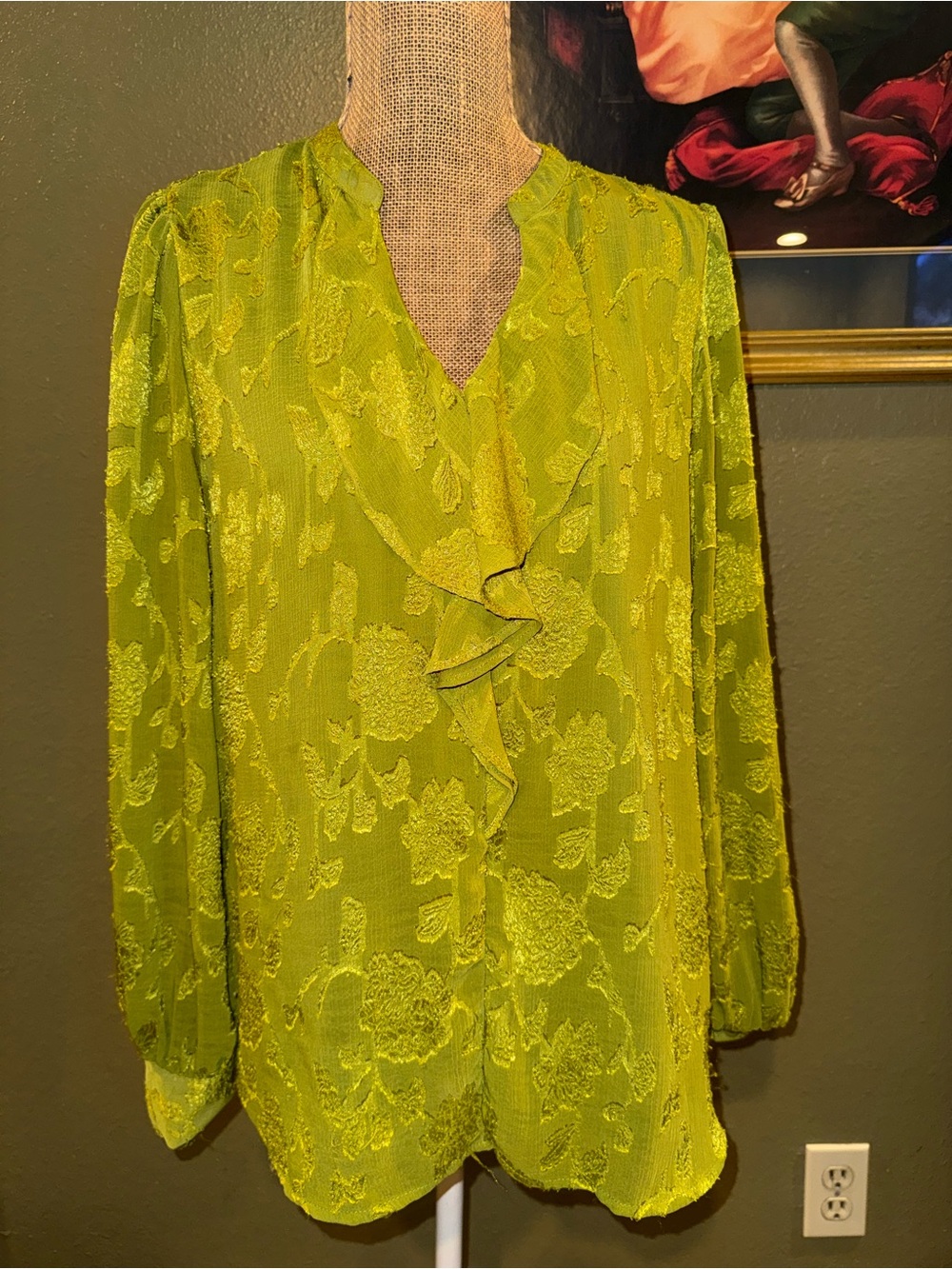 Lime Textured Ruffle V-Neck Blouse - Women's Top